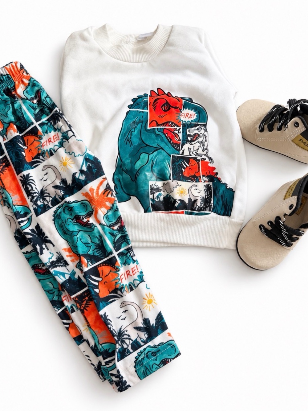 Kids White Dino Graphic Outfit with Turkish Shoes